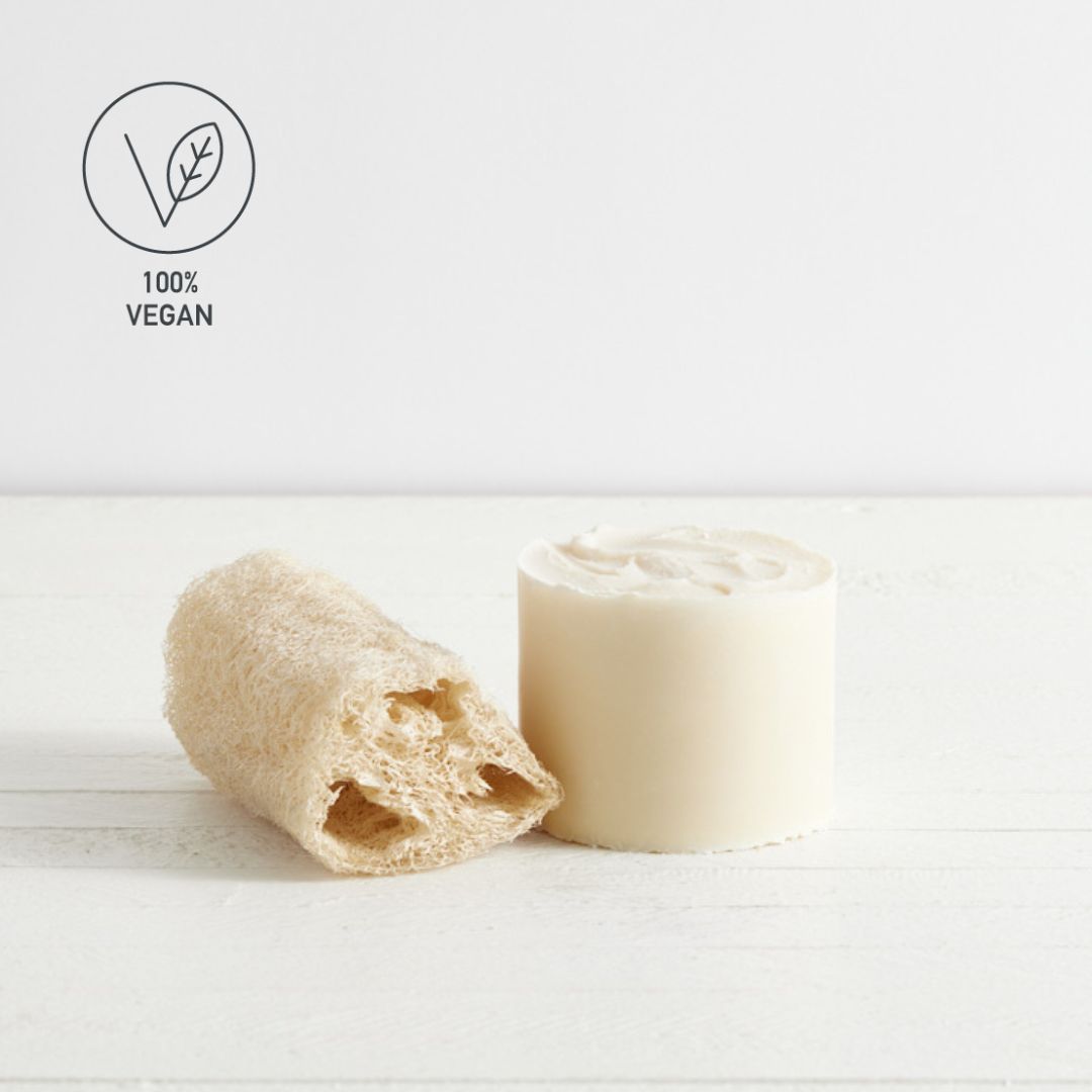 Sebesta Apothecary large round soap block on white background with luffa to the left of it VEGAN logo