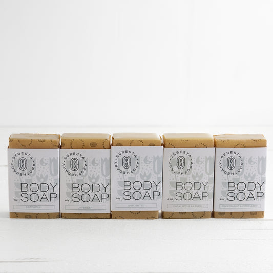 5 bars of body soap Sebesta Apothecary Branding white background