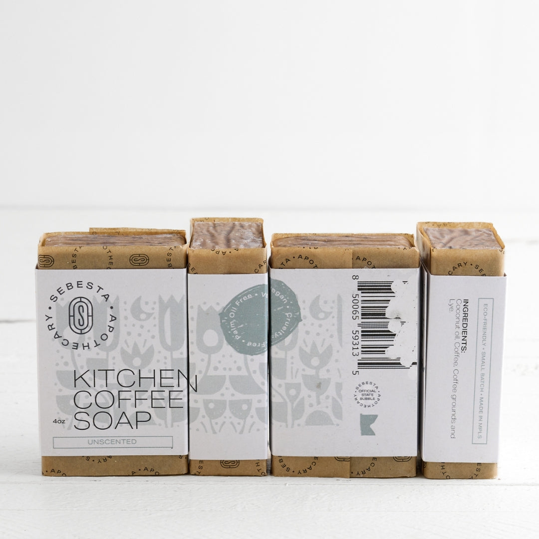 4 bars kitchen coffee Soap Sebesta Apothecary Branding white background