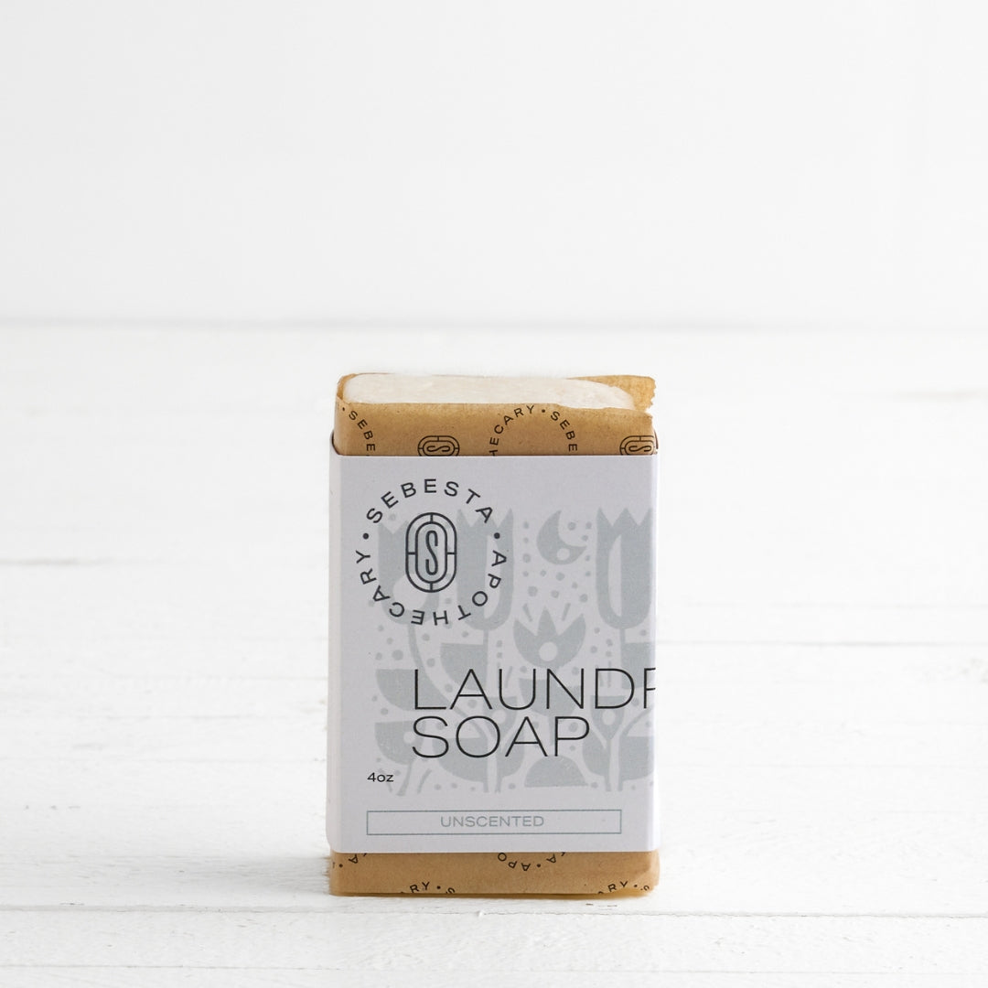 Bar of Laundry Soap with Sebesta Apothecary Branding white background