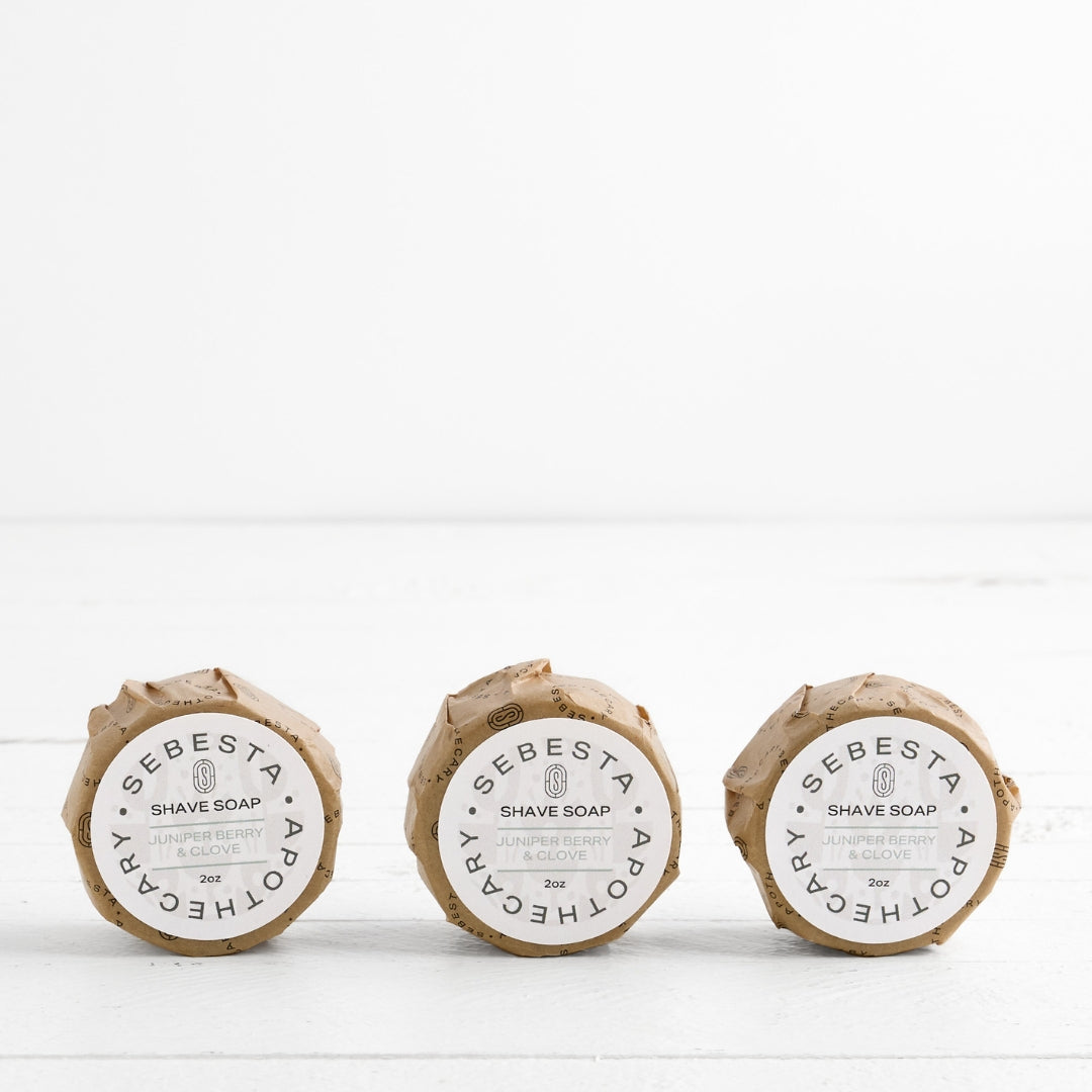 3 round bars of soap with Sebesta Apothecary Branding on white background