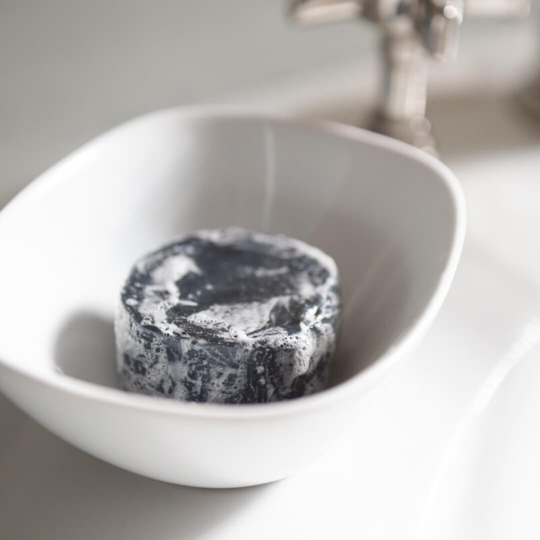 Sebesta Apothecary Zero Waste Charcoal Face Wash Bar Natural Face Wash Soap in Dish with Bubbles