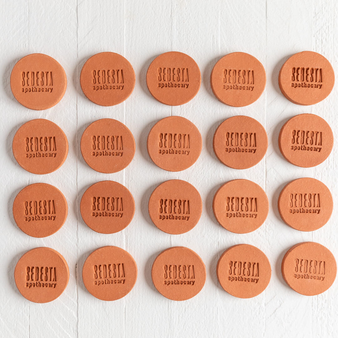 Sebesta Apothecary Zero Waste Branded Clay Discs in Rows