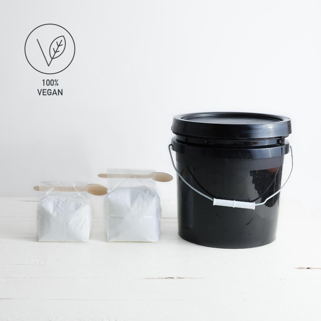 Sebesta Apothecary Dish Powder Bags and bucket compare VEGAN LOGO