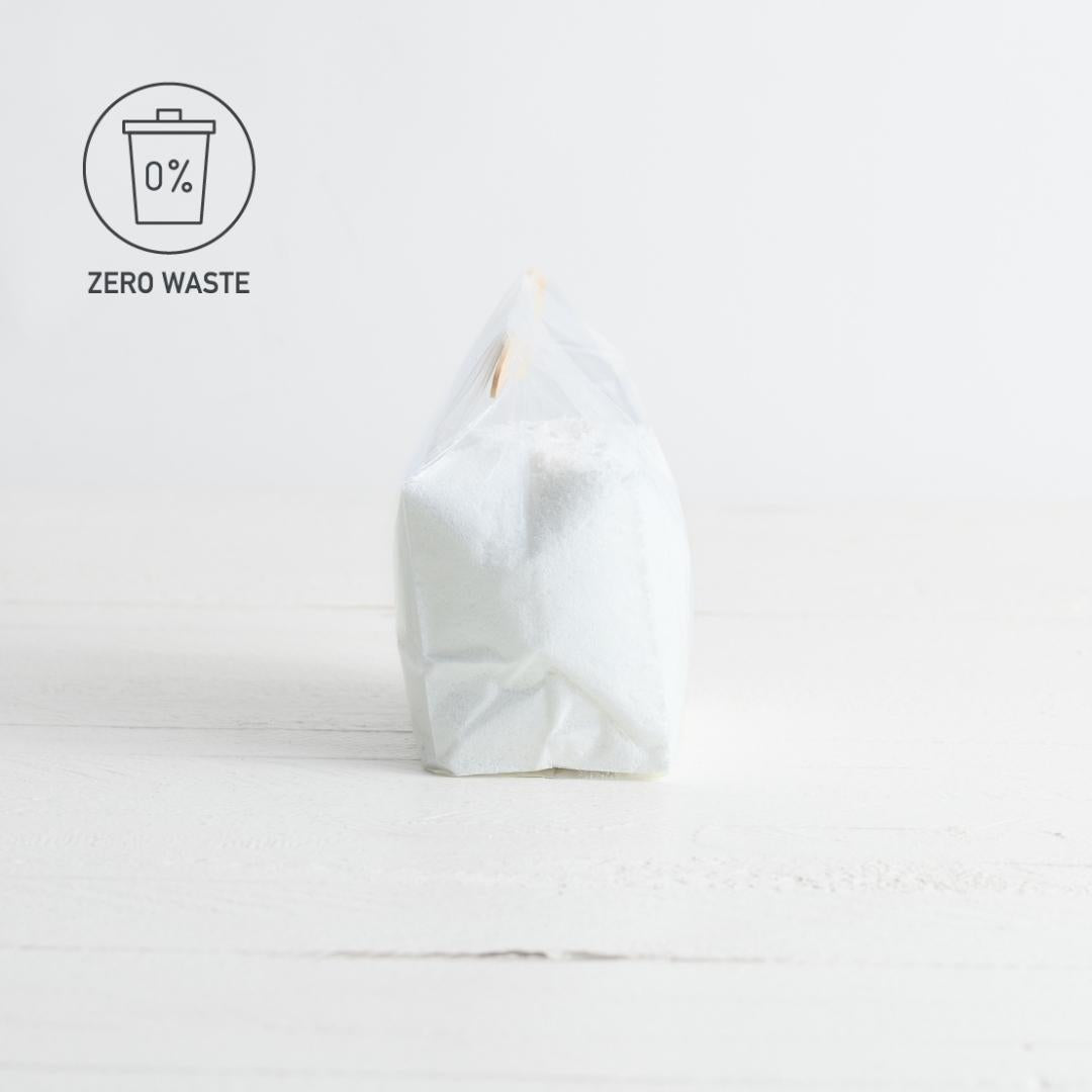 Sebesta Apothecary Dish Powder in Biodegradable bag with bamboo spoon 1lb Side ZERO WASTE LOGO