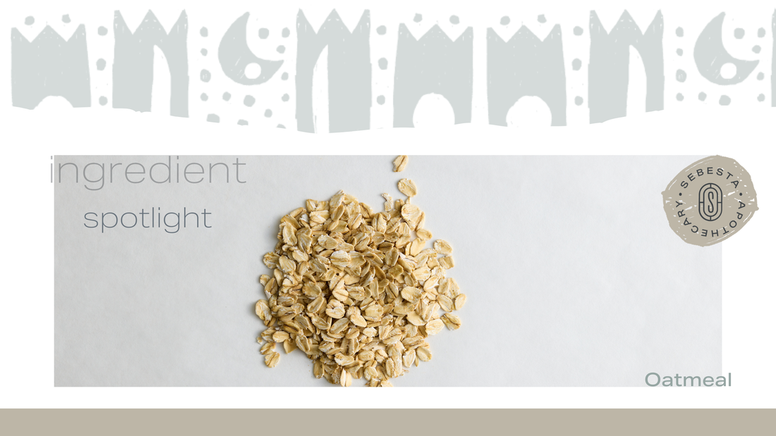 Header for article, pile of whole oats on white background and brand designs along top. Copy says Ingredient Spotlight, Oatmeal. Sebesta Apothecary Logo