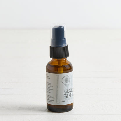 An amber glass spray bottle with a black spray nozzle and a white label reading Magnesium Spray, set against a clean white background.