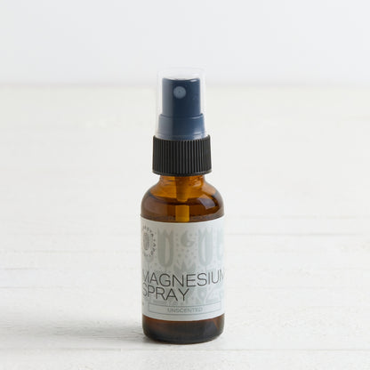 An amber glass spray bottle of Magnesium Spray with a black spray nozzle and a white label, set against a light, neutral background.
