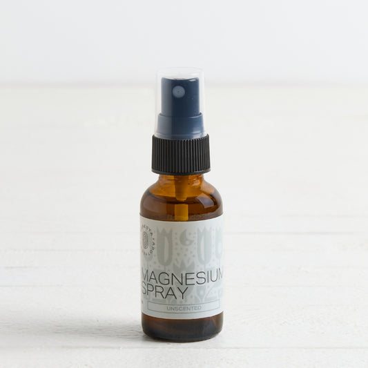 An amber glass spray bottle of Magnesium Spray with a black spray nozzle and a white label, set against a light, neutral background.