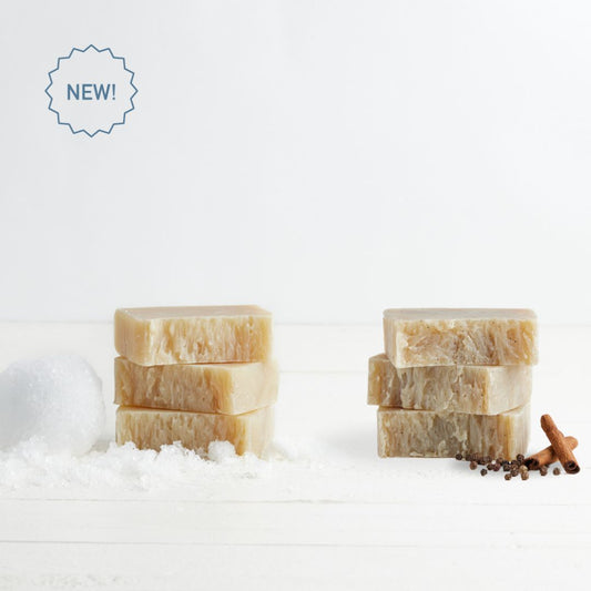 Sebesta Apothecary Seasonal Soaps, two stacks of 3 bars on white backdrop. Left stack has snowball and right stack has cinnamon sticks and black pepper corn. NEW! Icon