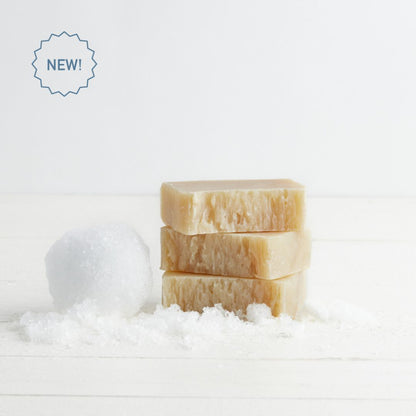 Sebesta Apothecary Seasonal Soap stack of 3 bars has Snow and snow bar next to soap. NEW! Icon