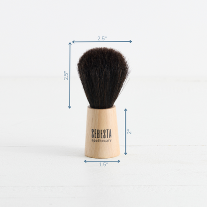 Sebesta Apothecary Premium Shave Brush - Spanish Horse Hair - Black brush with light wood handle with dimensions listed