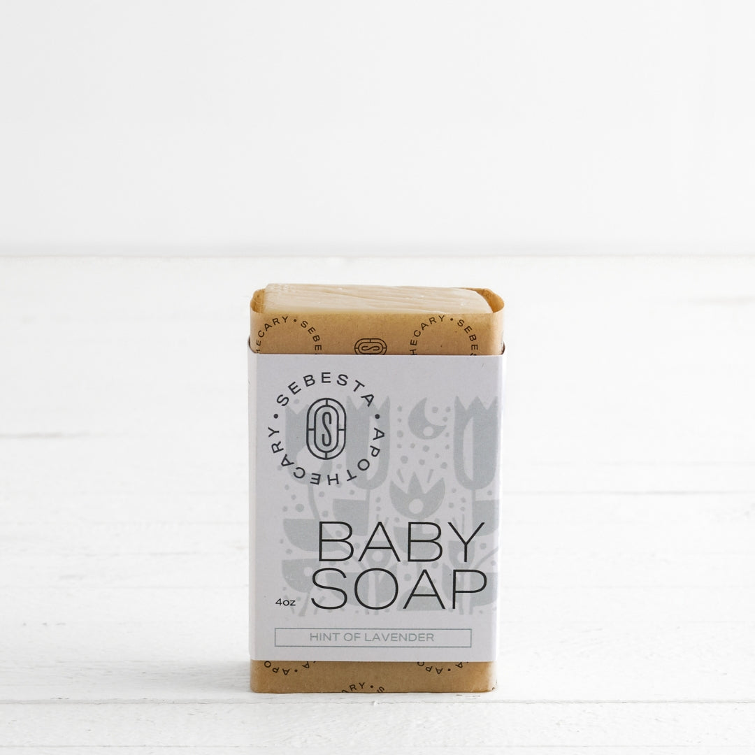 single bar of Baby Soap Sebesta Apothecary Branding on a white background