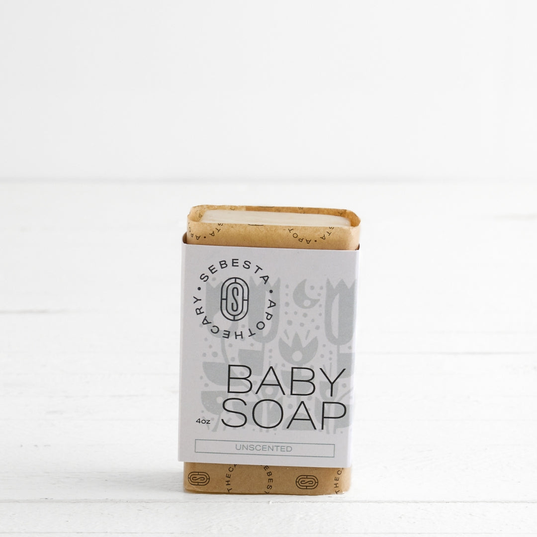 single bar of Baby Soap Sebesta Apothecary Branding on a white background