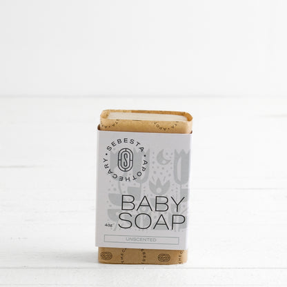 single bar of Baby Soap Sebesta Apothecary Branding on a white background