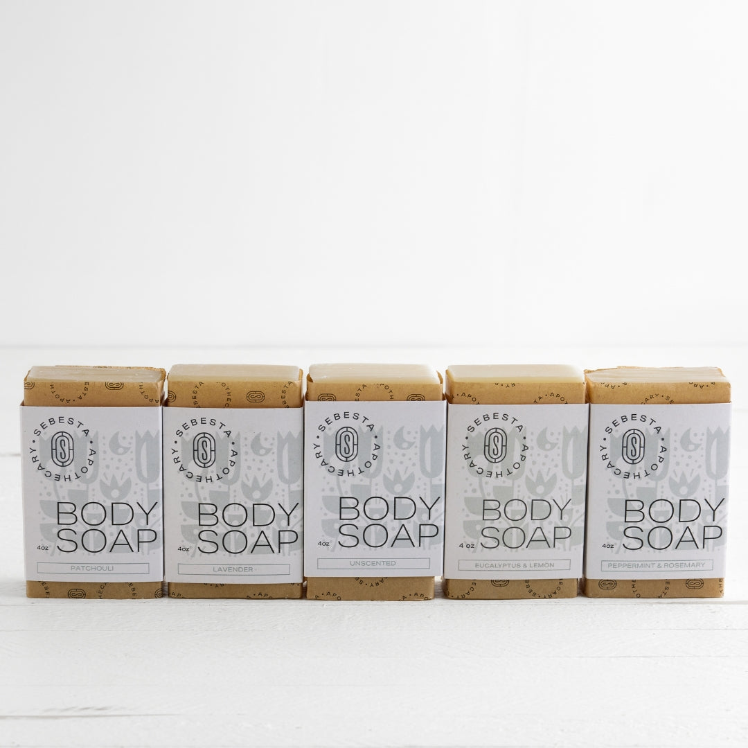 5 bars of body soap Sebesta Apothecary Branding white background
