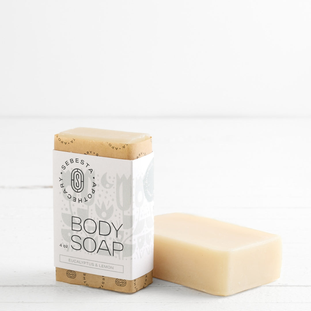 Body Soap Sebesta Apothecary Branding white background one bar tipped on side