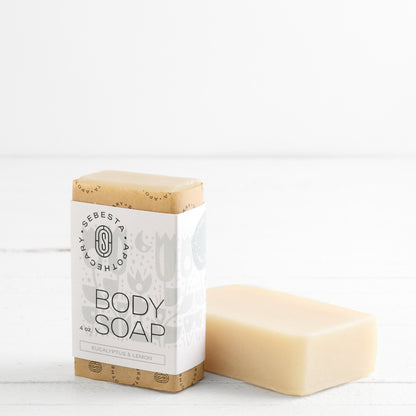 Body Soap Sebesta Apothecary Branding white background one bar tipped on side