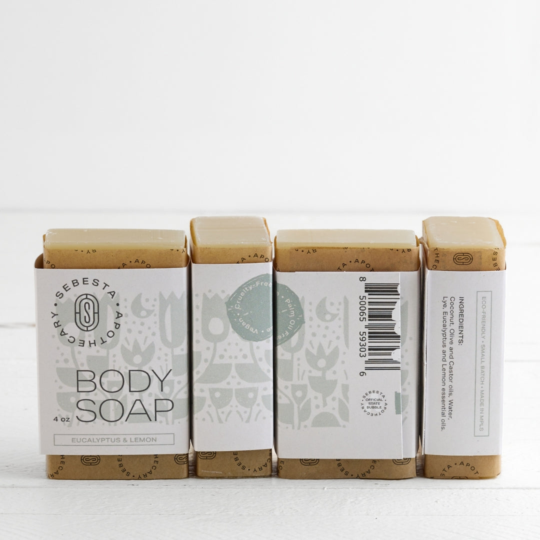 4 bars of body soap Sebesta Apothecary Branding white background