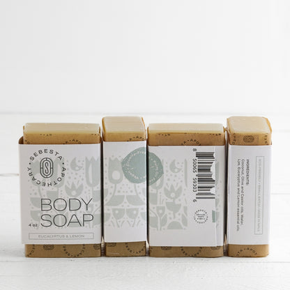 4 bars of body soap Sebesta Apothecary Branding white background