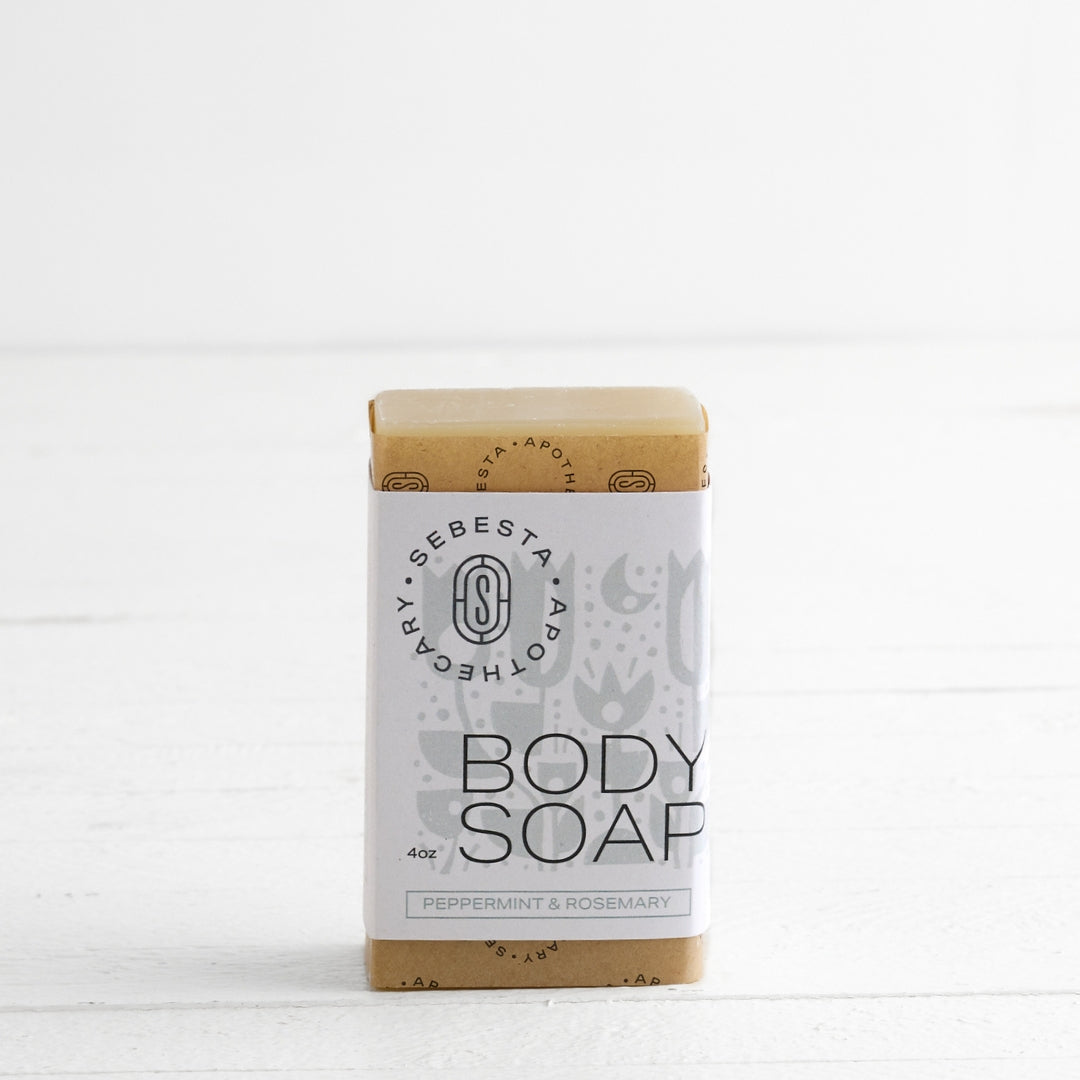Bar of Body Soap with Sebesta Apothecary Branding white background