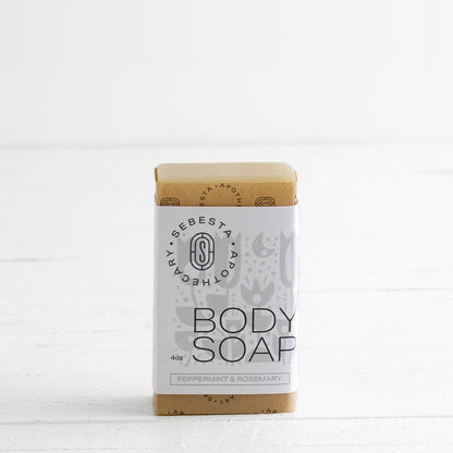 Bar of Body Soap with Sebesta Apothecary Branding white background