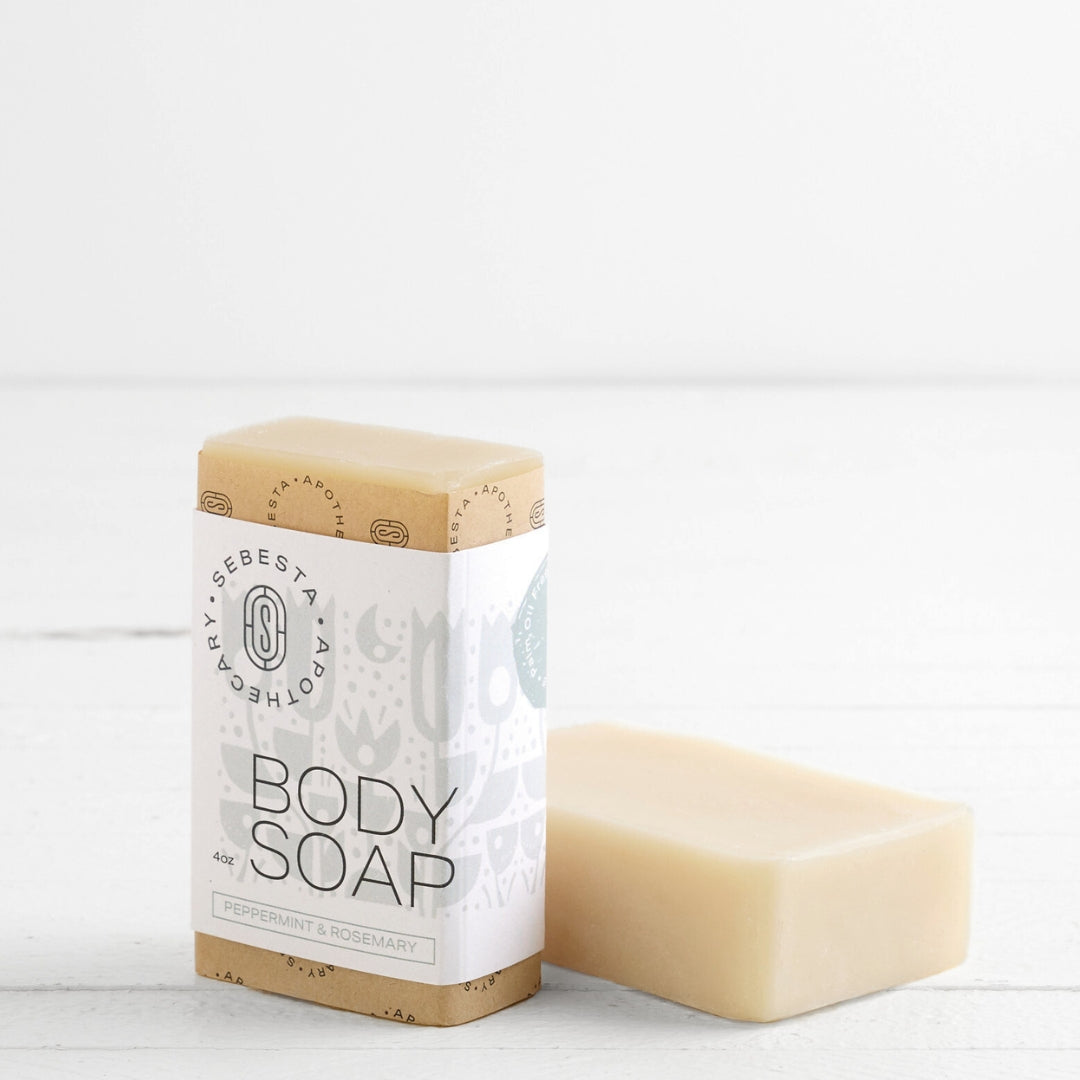 Body Soap Sebesta Apothecary Branding white background one bar tipped on side