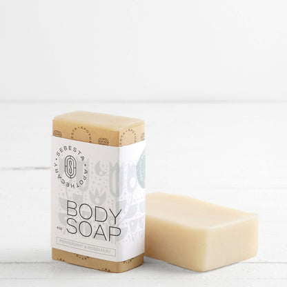 Body Soap Sebesta Apothecary Branding white background one bar tipped on side