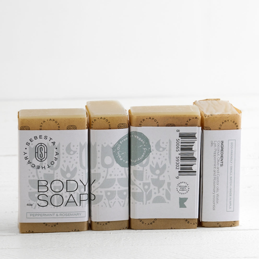 4 bars of body soap Sebesta Apothecary Branding white background