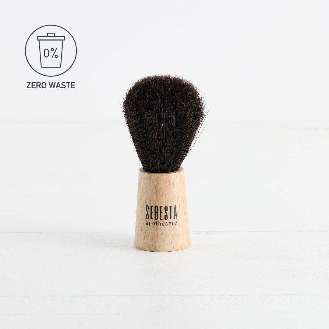 Sebesta Apothecary Premium Shave Brush - Spanish Horse Hair - Black brush with light wood handle ZERO WASTE logo