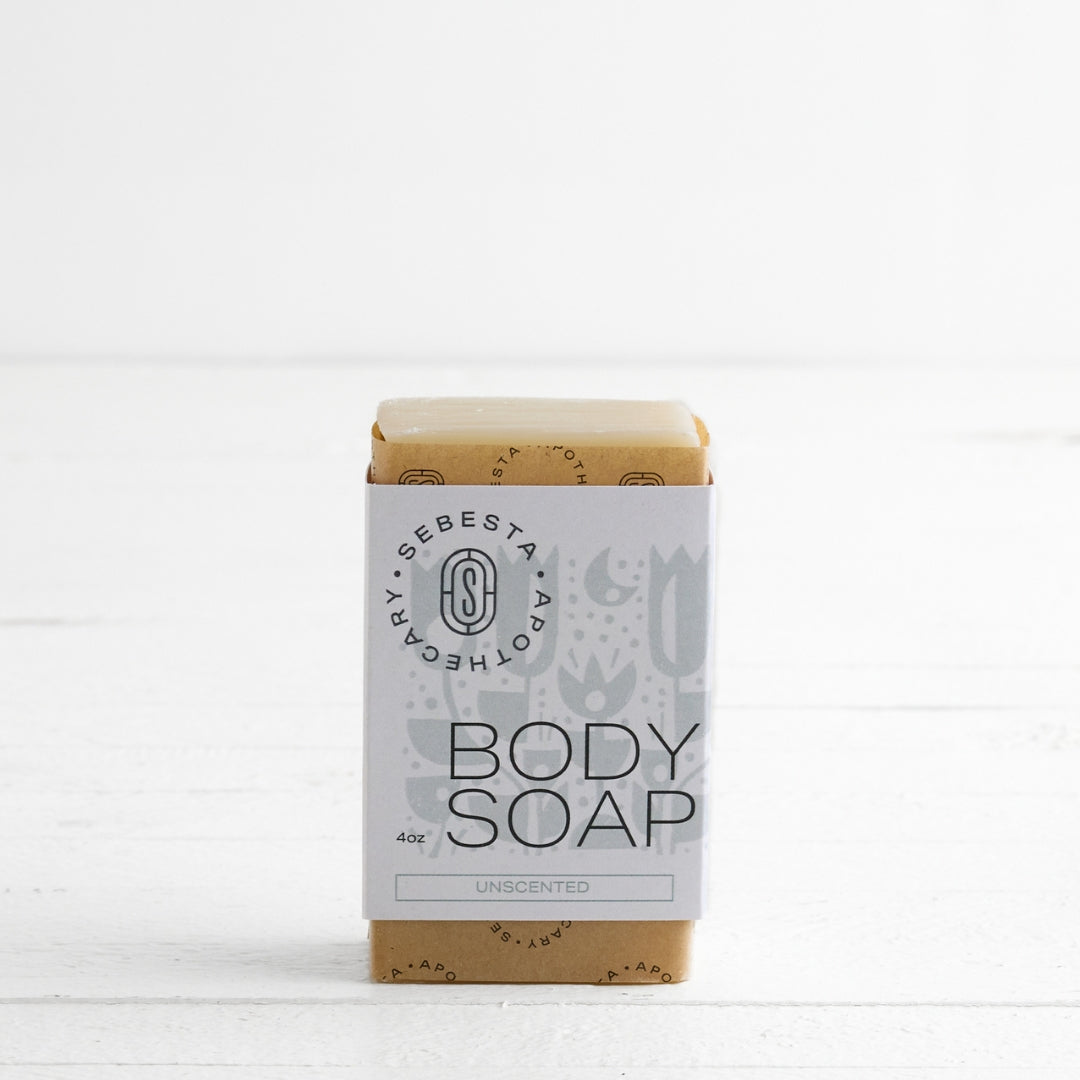 Bar of Body Soap with Sebesta Apothecary Branding white background