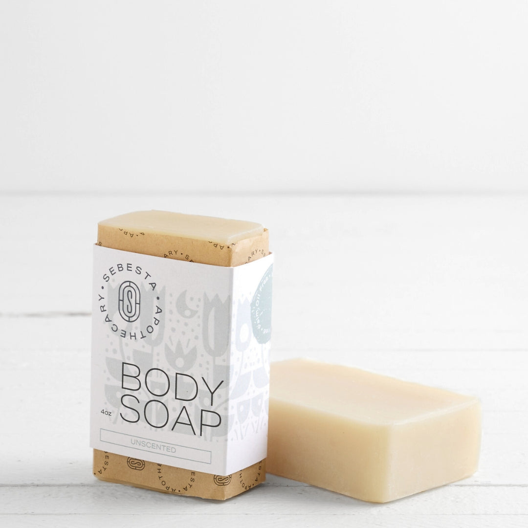 Body Soap Sebesta Apothecary Branding white background one bar tipped on side