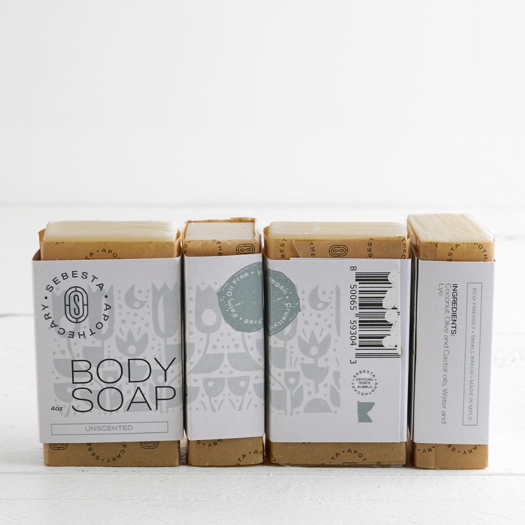 4 bars of body soap Sebesta Apothecary Branding white background