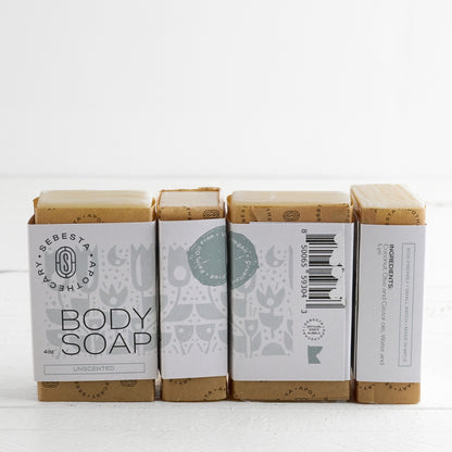 4 bars of body soap Sebesta Apothecary Branding white background