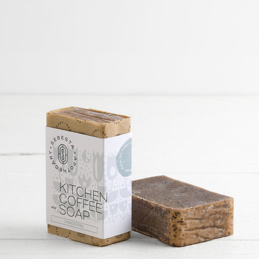 Kitchen Coffee Soap with Sebesta Apothecary Branding one Tipped on side