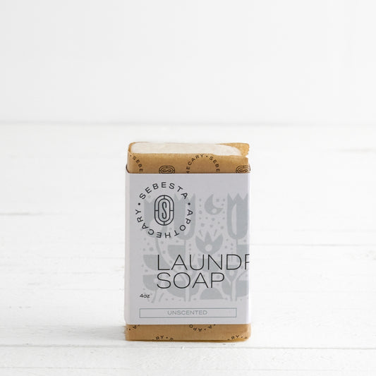 Bar of Laundry Soap with Sebesta Apothecary Branding white background