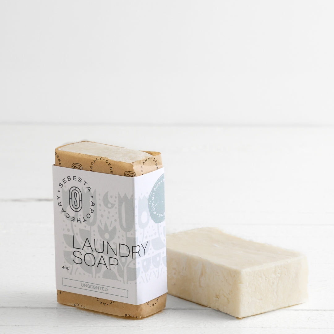 Laundry Soap Sebesta Apothecary Branding white background one bar tipped on side
