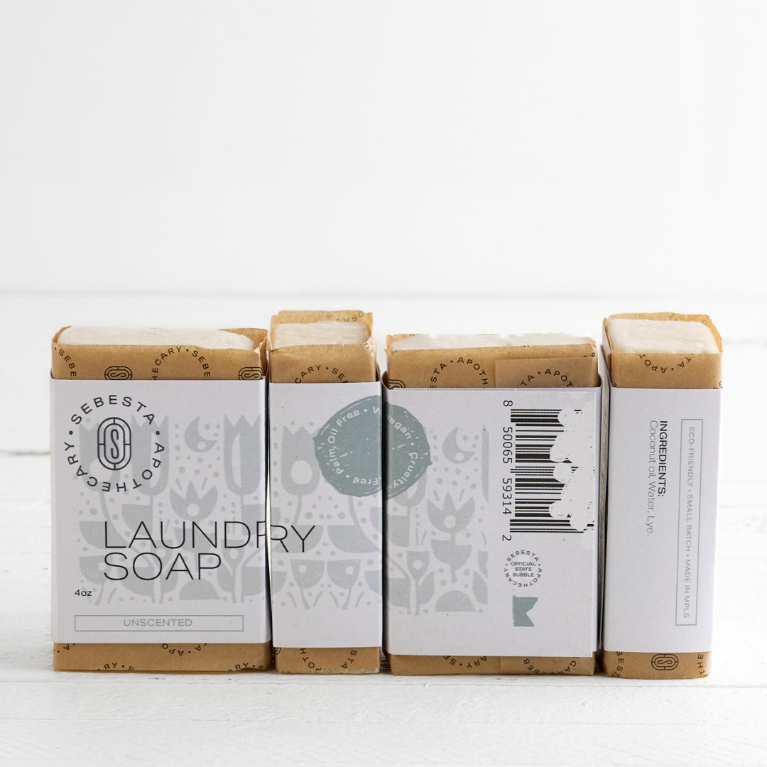 4 bars of Laundry Soap Sebesta Apothecary Branding white background