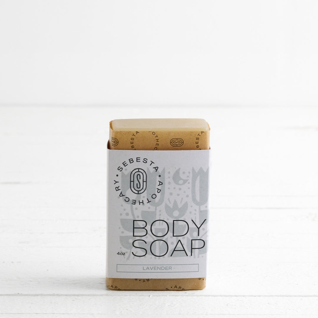 Bar of Body Soap with Sebesta Apothecary Branding white background