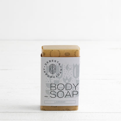 Bar of Body Soap with Sebesta Apothecary Branding white background