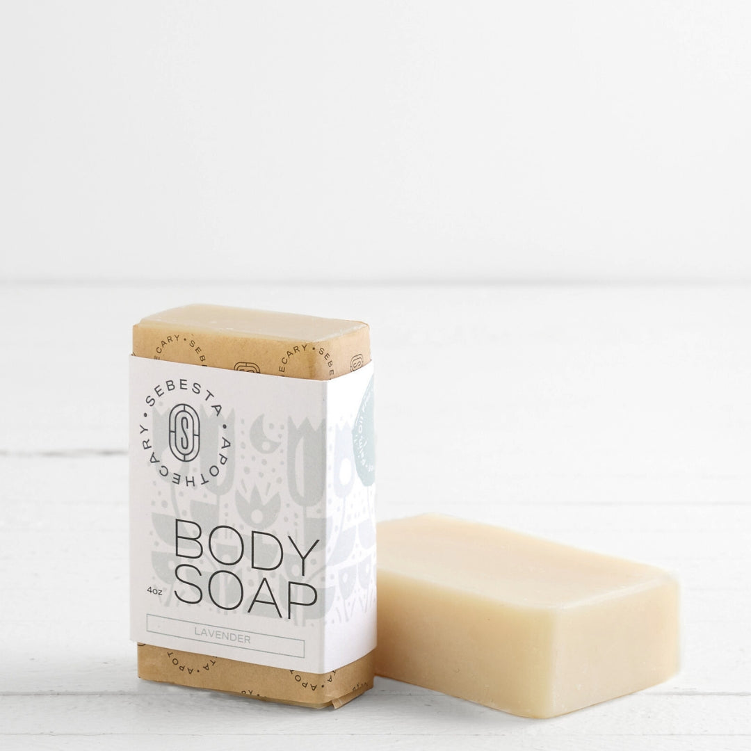 Body Soap Sebesta Apothecary Branding white background one bar tipped on side