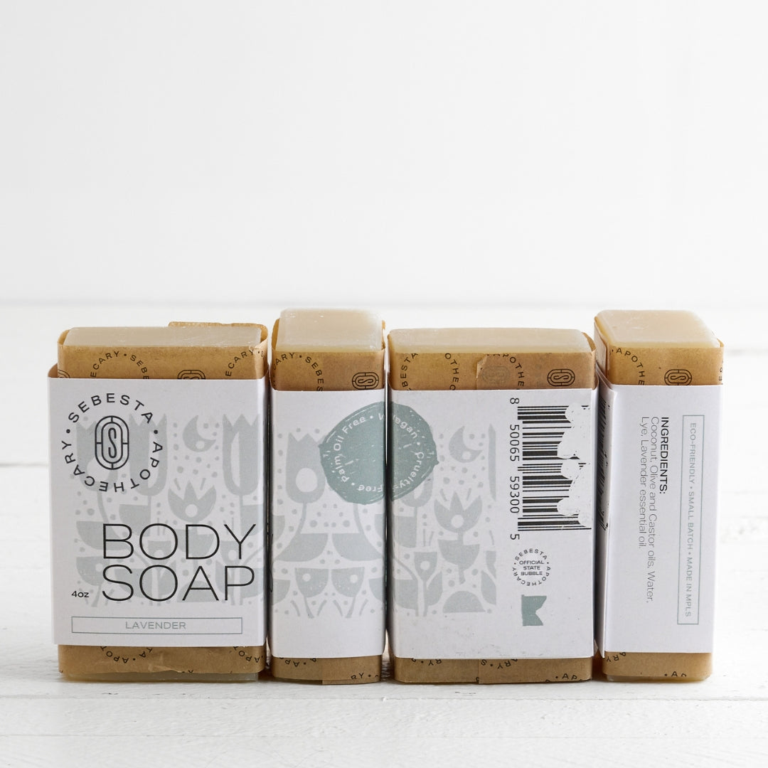4 bars of body soap Sebesta Apothecary Branding white background