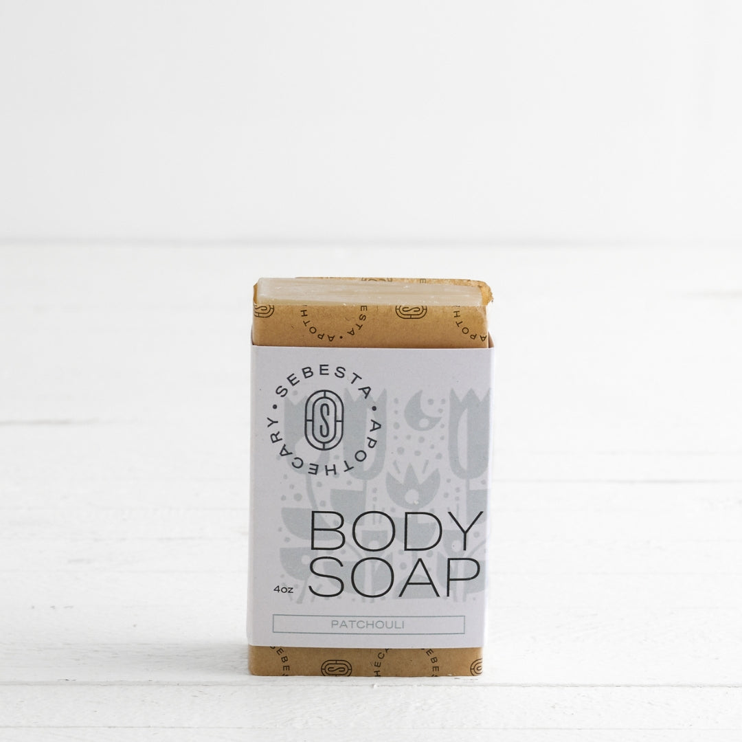 Bar of Body Soap with Sebesta Apothecary Branding white background