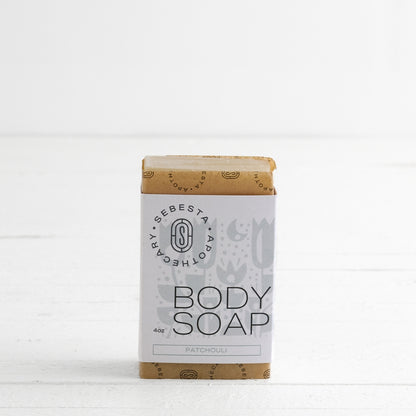 Bar of Body Soap with Sebesta Apothecary Branding white background