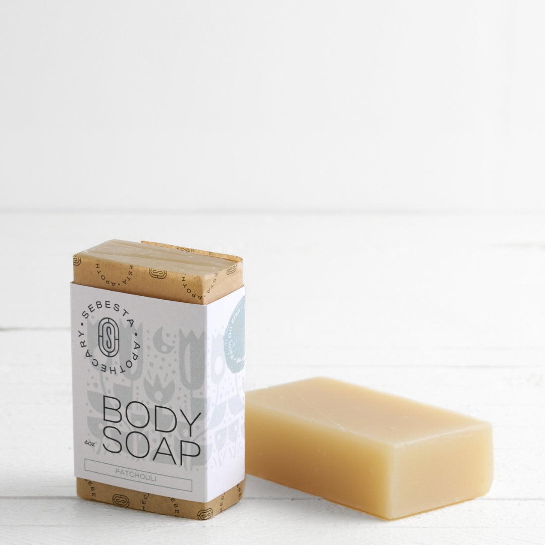 Body Soap Sebesta Apothecary Branding white background one bar tipped on side