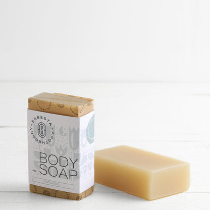 Body Soap Sebesta Apothecary Branding white background one bar tipped on side