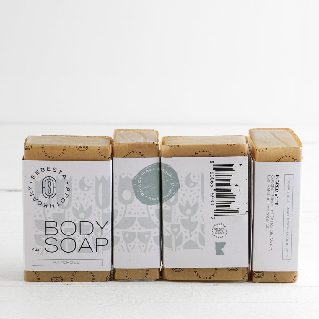 4 bars of body soap Sebesta Apothecary Branding white background