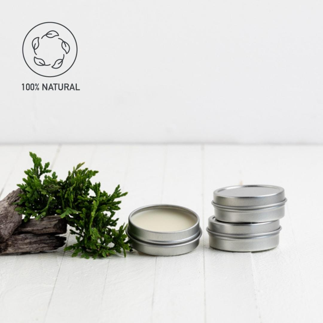 Sebesta Apothecary Zero Waste Bug Balm 3 tins on table with callouts 100 PERC NATURAL Logo