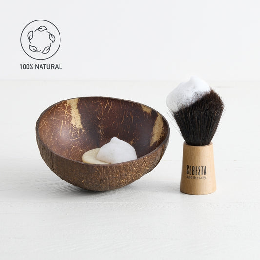 Sebesta Apothecary Spanish Horse Hair Shave Brush Bar and Coconut Bubbles ALL NATURAL LOGO