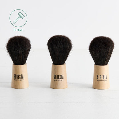 Sebesta Apothecary Premium Shave Brush - Spanish Horse Hair - 3 in a line Black brush with light wood SHAVE logo